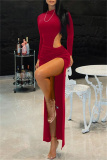 Red Half A Turtleneck Long Sleeve Hollow Out Side High Slit Floor Length Ruched Evening Party Bodycon Maxi Dress