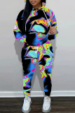 Navy Blue Casual Print Hooded Long Sleeve Tops and Pants Two Pieces Sets Sportswear Sweatsuits