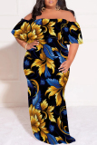 Light Green Floral Striped Print Off Shoulder Ruffle Sleeve Casual Outing Plus Size Vacation Loose Fit Maxi Dresses
