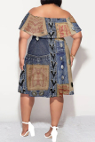 Dark Blue Faux Denim Print Off Shoulder Drap Sleeve Casual Outing Plus Size A Line Straight Midi Dresses