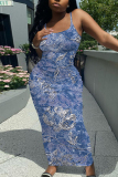 Blue Graphic Print Sleeveless Backless Spaghetti Strap Casual Outing Vacation Bodycon Maxi Slip Dress