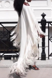 White Off-Shoulder Batwing Sleeve Cut-Out Loose Fit Vacation Halter Bohemian Fringe Maxi Dress