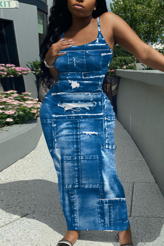 Blue Graphic Print Sleeveless Backless Spaghetti Strap Casual Outing Vacation Bodycon Maxi Slip Dress