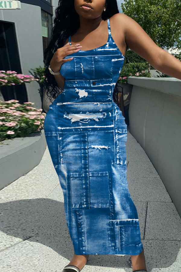 Blue Graphic Print Sleeveless Backless Spaghetti Strap Casual Outing Vacation Bodycon Maxi Slip Dress