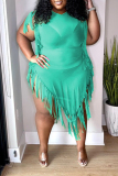 Black V Deep Fringed Trim Irregular Hem Plus Size Nightclub Plus Size Bodycon Sheer Mesh Maxi Dress