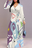 Off white Geometric Flower Print Lace Up O Neck Long Sleeve Casual Outing Vacation Flowy Maxi Dress