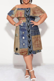 Dark Blue Faux Denim Print Off Shoulder Drap Sleeve Casual Outing Plus Size A Line Straight Midi Dresses
