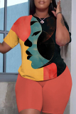 Turmeric Figure Print Short Sleeve O Neck Oversized T Shirt and Elastic Waist Shorts Casual Outing Two Piece Short Set