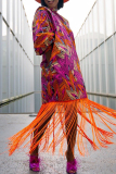 Rose Red Vibrant Print Boho Loose Fit Long Sleeve Fringe Hem Casual Outing Vacation Maxi Dress