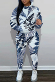 Navy Blue Casual Print Hooded Long Sleeve Tops and Pants Two Pieces Sets Sportswear Sweatsuits