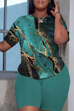 Green Graphic Print Short Sleeve O Neck Oversized T Shirt and Elastic Waist Shorts Casual Outing Two Piece Short Set