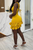 Yellow Sleeveless Backless Ruffle Spaghetti Strap V Neck Evening Party Ruffle Hem Bodycon Mini Dress