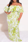 Light Green Floral Striped Print Off Shoulder Ruffle Sleeve Casual Outing Plus Size Vacation Loose Fit Maxi Dresses