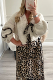 White Casual Leopard Lace Up Patchwork Weave V Neck Lantern Sleeve Outerwear Knitted Jacket