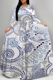 Light Blue Geometric Flower Print Lace Up O Neck Long Sleeve Casual Outing Vacation Flowy Maxi Dress