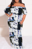 Light Green Floral Striped Print Off Shoulder Ruffle Sleeve Casual Outing Plus Size Vacation Loose Fit Maxi Dresses