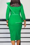 Green Formal 3/4 Sleeve Floral Applique on Chest Belted Waist Formal Office Bodycon Pencil Midi Dress