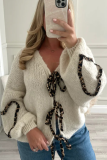 White Casual Leopard Lace Up Patchwork Weave V Neck Lantern Sleeve Outerwear Knitted Jacket