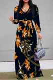 Off white Geometric Flower Print Lace Up O Neck Long Sleeve Casual Outing Vacation Flowy Maxi Dress