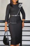 Green Formal 3/4 Sleeve Floral Applique on Chest Belted Waist Formal Office Bodycon Pencil Midi Dress