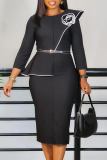 Green Formal 3/4 Sleeve Floral Applique on Chest Belted Waist Formal Office Bodycon Pencil Midi Dress