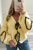 White Casual Leopard Lace Up Patchwork Weave V Neck Lantern Sleeve Outerwear Knitted Jacket
