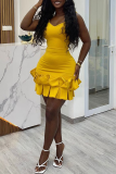 Yellow Sleeveless Backless Ruffle Spaghetti Strap V Neck Evening Party Ruffle Hem Bodycon Mini Dress
