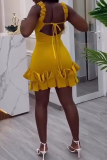 Yellow Sleeveless Backless Ruffle Spaghetti Strap V Neck Evening Party Ruffle Hem Bodycon Mini Dress