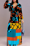 Off white Geometric Flower Print Lace Up O Neck Long Sleeve Casual Outing Vacation Flowy Maxi Dress
