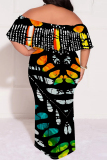 Light Green Floral Striped Print Off Shoulder Ruffle Sleeve Casual Outing Plus Size Vacation Loose Fit Maxi Dresses