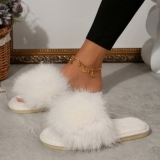 White Casual Patchwork Round Comfortable Shoes Plush Slippers