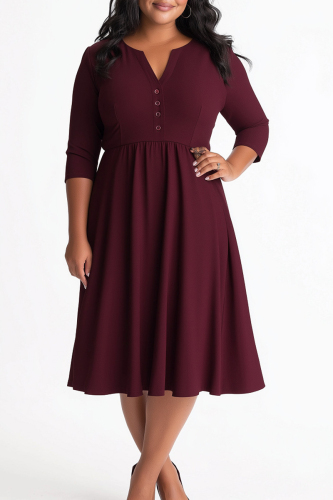 Claret Formal V Neck 3/4 Sleeve Office Lady Boot Cut Pleated Midi Dress