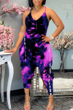 Burgundy Vacation Print Backless Spaghetti Strap Regular Harem Leg Cami Jumpsuits