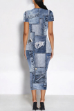 Faux Denim Print O Neck Short Sleeve Casual Outing Bodycon Maxi Dresses