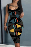 Black Graphic Print Sleeveless U Neck Knee Length Casual Outing Bodycon Vest Midi Dress