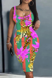 Yellow Orange Graphic Print Sleeveless U Neck Knee Length Casual Outing Bodycon Vest Midi Dress