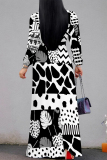 Off white Geometric Flower Print Lace Up O Neck Long Sleeve Casual Outing Vacation Flowy Maxi Dress
