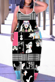 Blue Red Graphic Print Sleeveless Backless Spaghetti Strap Floor Length Casual Outing Vacation Straight Loose Maxi Slip Dress