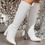 Silver Casual Patchwork Pointed Out Door Knee-High Shoes High Heel Boots