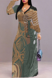 Off white Geometric Flower Print Lace Up O Neck Long Sleeve Casual Outing Vacation Flowy Maxi Dress
