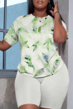 Green Graphic Print Short Sleeve O Neck Oversized T Shirt and Elastic Waist Shorts Casual Outing Two Piece Short Set