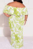 Light Green Floral Striped Print Off Shoulder Ruffle Sleeve Casual Outing Plus Size Vacation Loose Fit Maxi Dresses