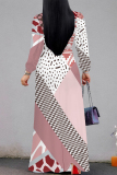 Off white Geometric Flower Print Lace Up O Neck Long Sleeve Casual Outing Vacation Flowy Maxi Dress