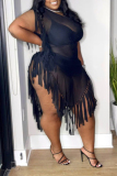 Black V Deep Fringed Trim Irregular Hem Plus Size Nightclub Plus Size Bodycon Sheer Mesh Maxi Dress
