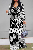 Off white Geometric Flower Print Lace Up O Neck Long Sleeve Casual Outing Vacation Flowy Maxi Dress