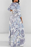 Light Blue Geometric Flower Print Lace Up O Neck Long Sleeve Casual Outing Vacation Flowy Maxi Dress