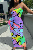 Purple Graphic Print Sleeveless Backless Spaghetti Strap Casual Outing Vacation Bodycon Maxi Dress