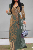 Off white Geometric Flower Print Lace Up O Neck Long Sleeve Casual Outing Vacation Flowy Maxi Dress
