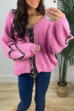 White Casual Leopard Lace Up Patchwork Weave V Neck Lantern Sleeve Outerwear Knitted Jacket