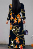 Off white Geometric Flower Print Lace Up O Neck Long Sleeve Casual Outing Vacation Flowy Maxi Dress